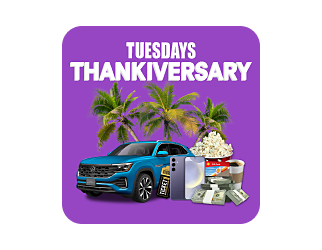 Tuesdays Thankiversary featuring prizes like a car, phone, money, or more.