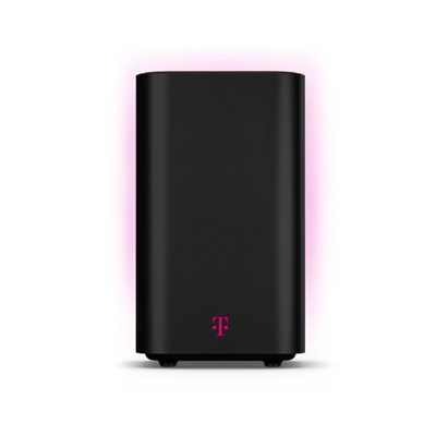 A black T-Mobile Home Internet gateway. 40 dollars a month with AutoPay and a voice line. Plus taxes and fees. Five-year price guarantee included.
