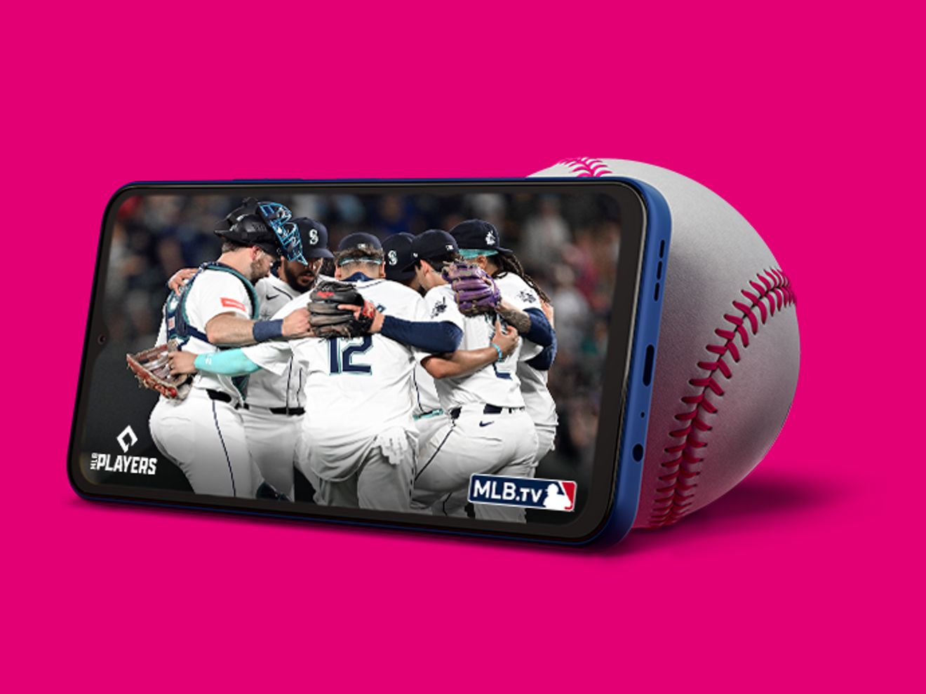 MLB.TV streaming on a phone propped up against a baseball.