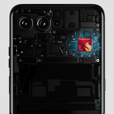 Close-up of Snapdragon 8 Elite processor inside the motorola razr ultra phone.