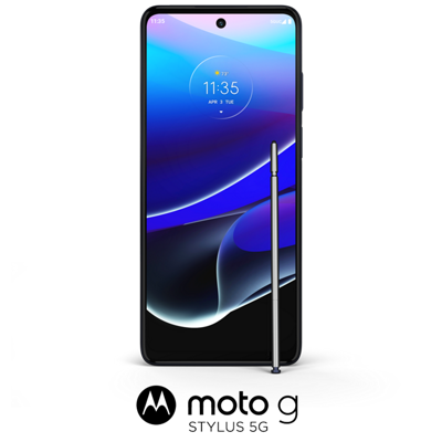 Moto g stylus 5G showing its impressive screen and included touch stylus.