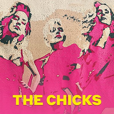 Grainy outlines of band members from The Chicks pose in shades of tan and pink.