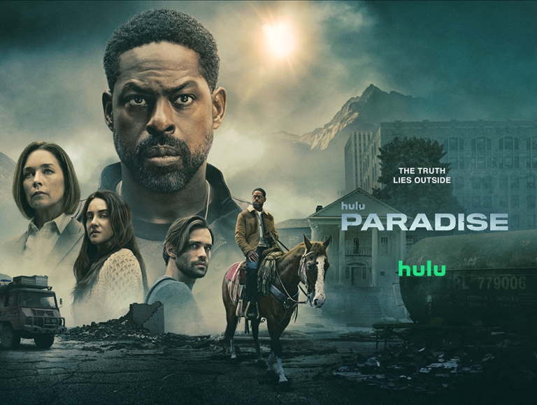  Poster for Hulu’s Paradise featuring four serious characters, a man on horseback in a ruined landscape, and the tagline “The Truth Lies Outside.”