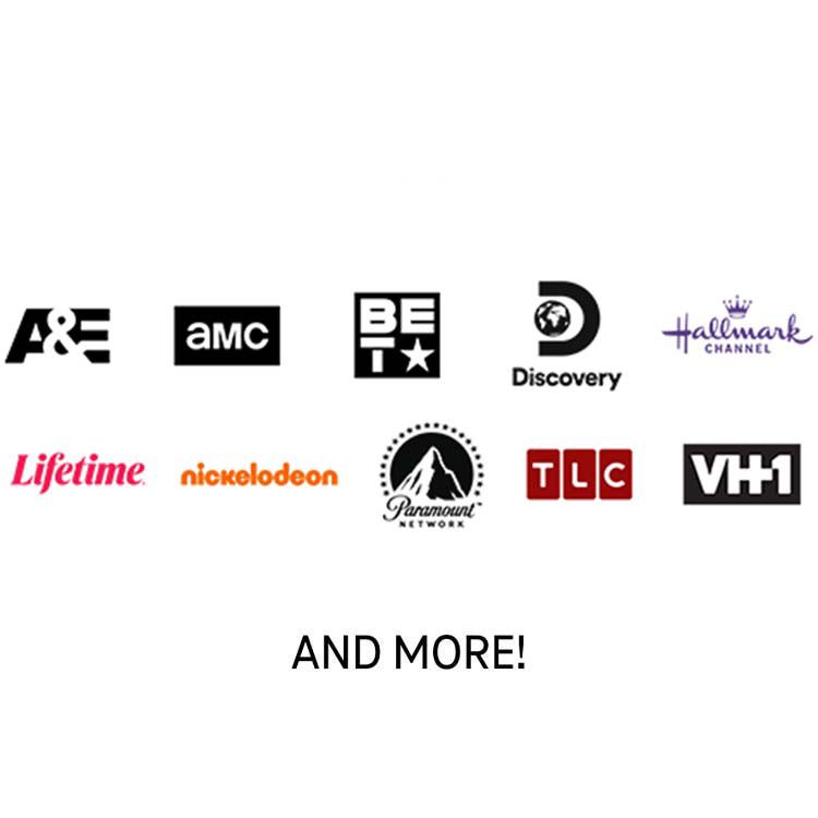 A grid of entertainment channel logos, with A&E, AMC, BET, Discovery, the Hallmark channel, Lifetime, nickelodeon, Paramount, TLC, VH1, and more..