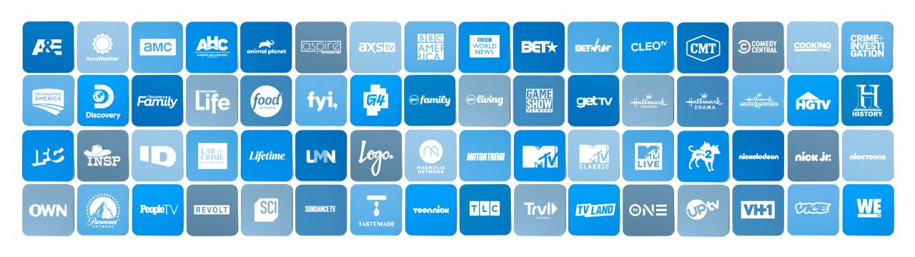 Una grilla azul de canales que se ofrecen en Philo TV.