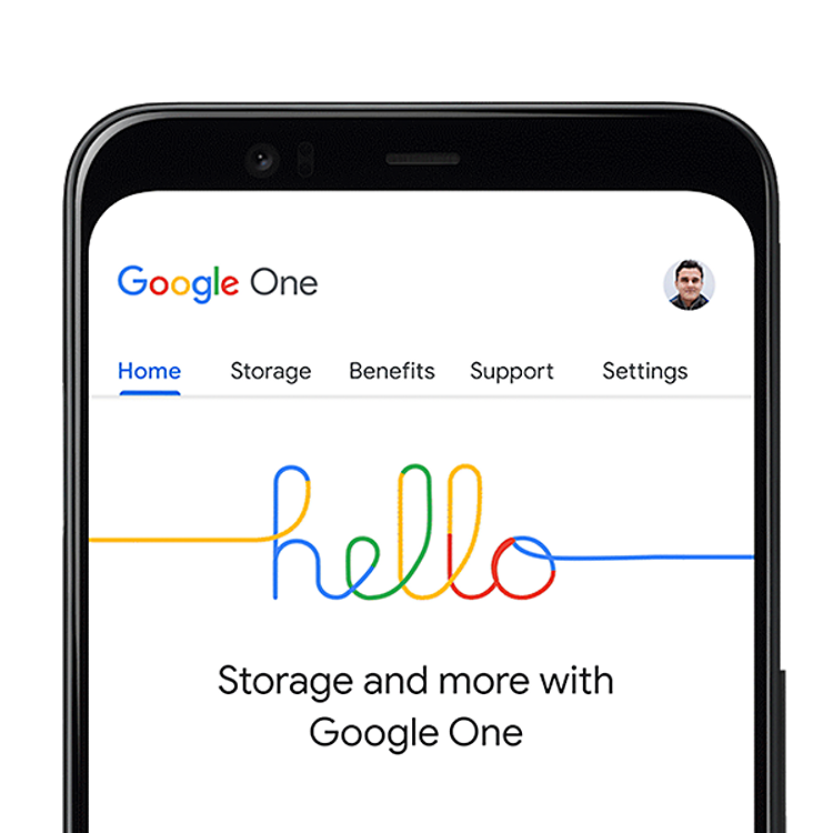 Phone with “hello” written in colorful script on Google One storage app home screen.