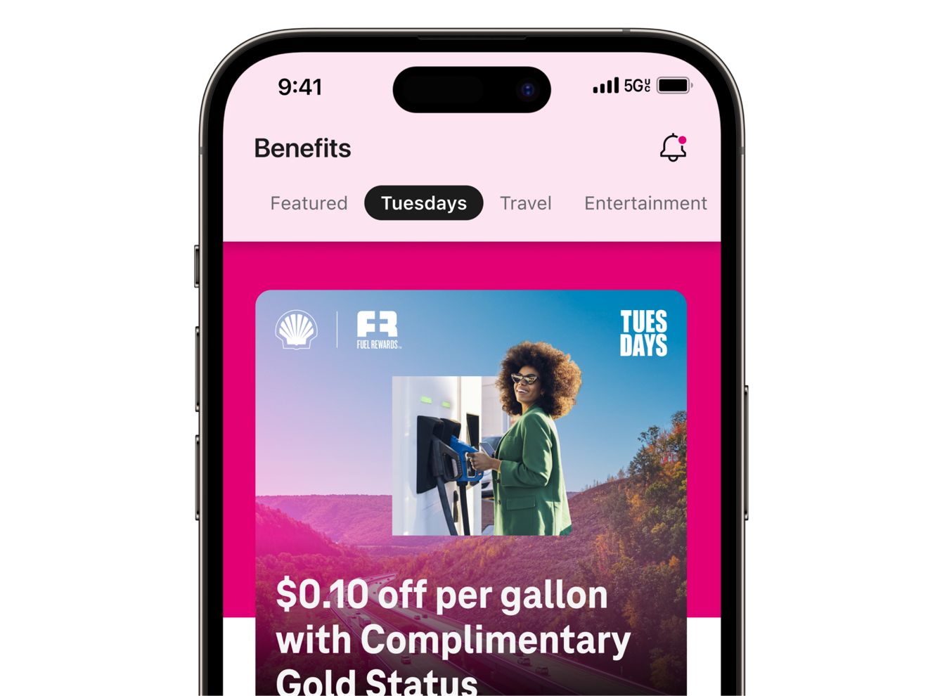 Phone screen with images for Magenta Status perks for Hilton hotel discounts and Dollar Rental Car benefits.