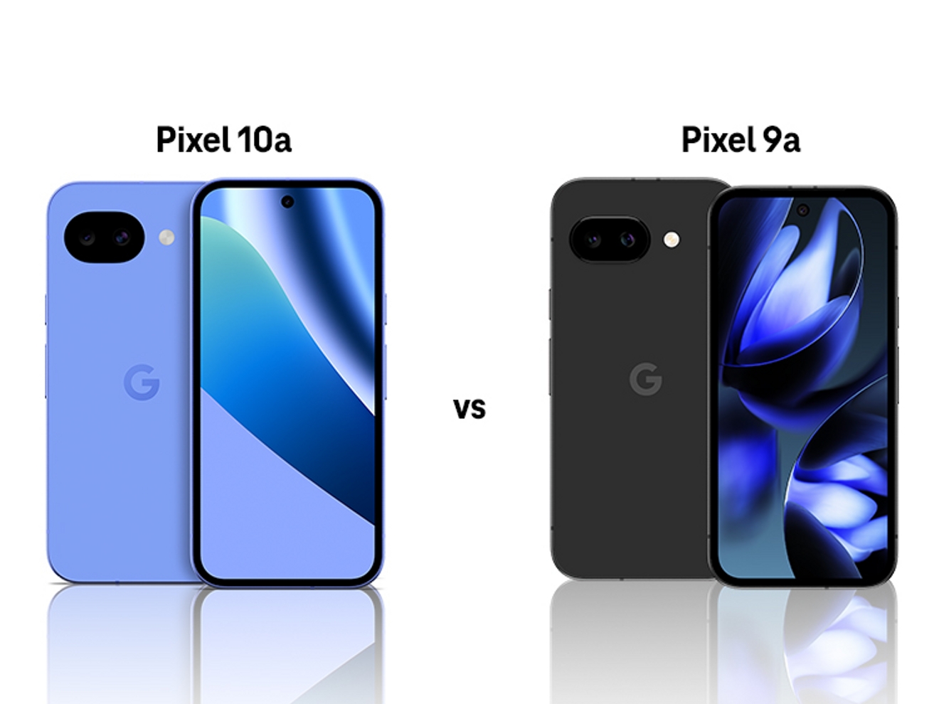 Side by side comparison of the Google Pixel 10a in blue and the Google Pixel 9a in black, both shown from the front and back.