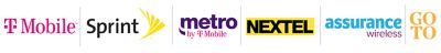 T-Mobile Logo, Sprint Logo, Metro by T-Mobile Logo, Nextel Logo, Assurance Wireless Logo, GoTo Logo.