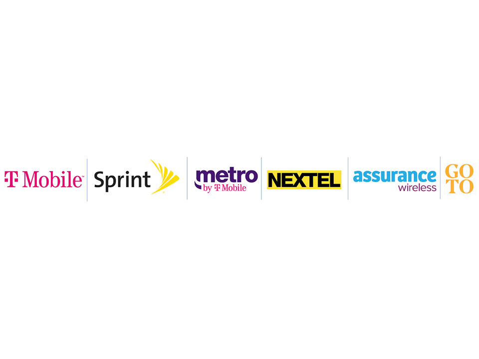T-Mobile Logo, Sprint Logo, Metro by T-Mobile Logo, Nextel Logo, Assurance Wireless Logo, GoTo Logo.