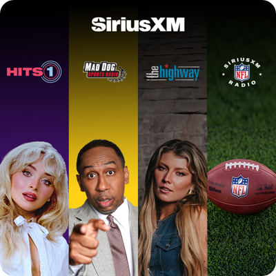 SiriusXM promotional collage featuring music and sports programming.