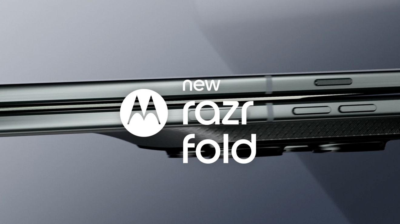 The front of the new razr fold phone folded open, with the back panel visible highlighting the rear cameras.