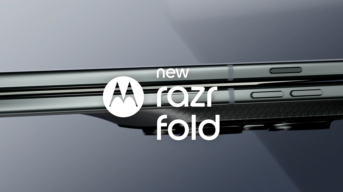 The front of the new razr fold phone folded open, with the back panel visible highlighting the rear cameras.