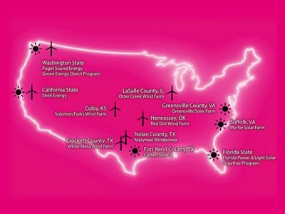 Map of the United States showing the renewable energy generation sites T-Mobile relies on and/or invests in. 