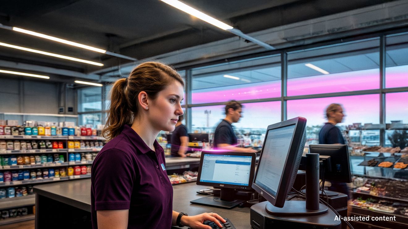 A retail employee relies on a connected point-of-sale station to assist shoppers.