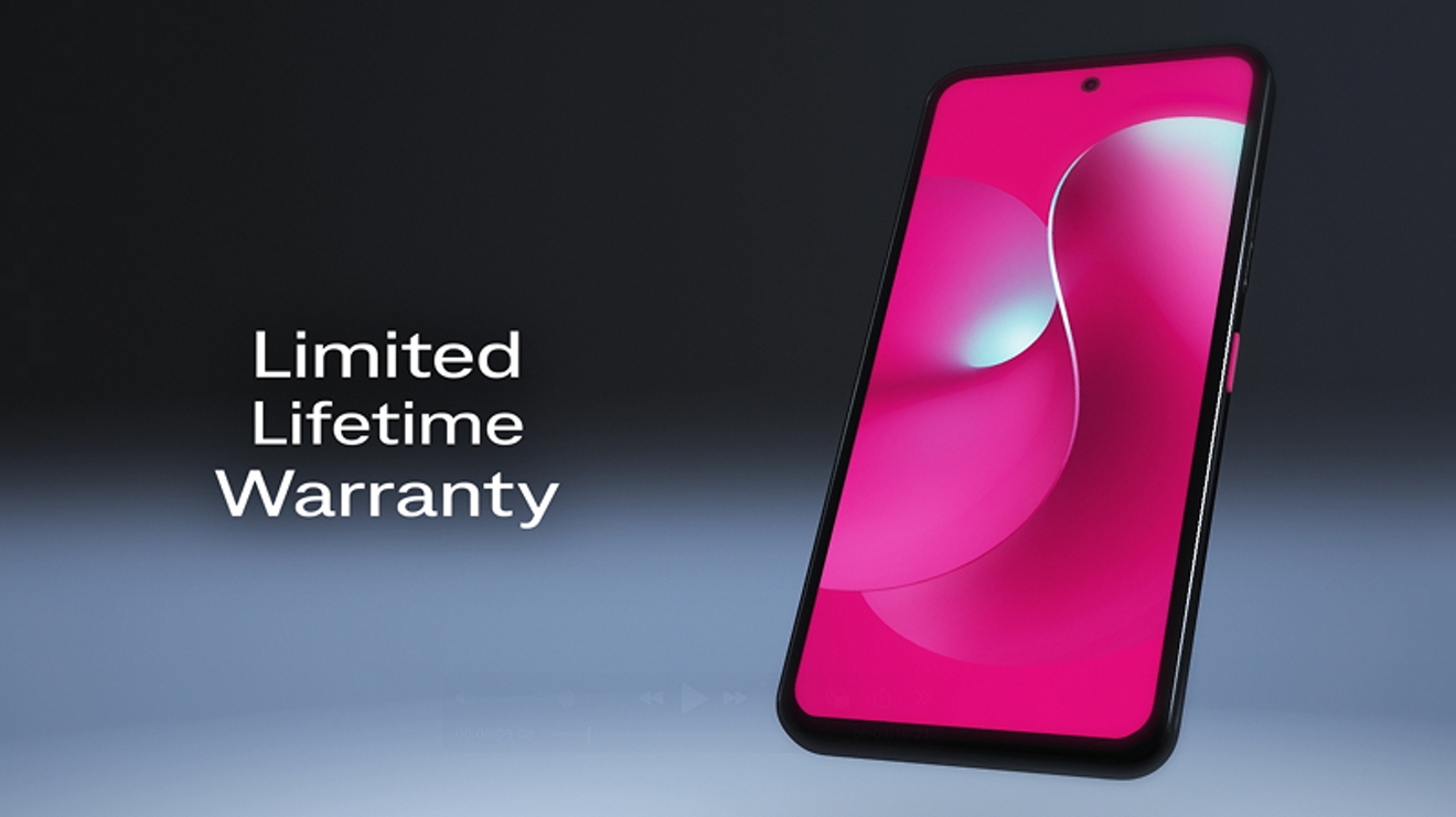 Black Revvl 8 Pro phone with a magenta gradient screen and Limited Lifetime Warranty.