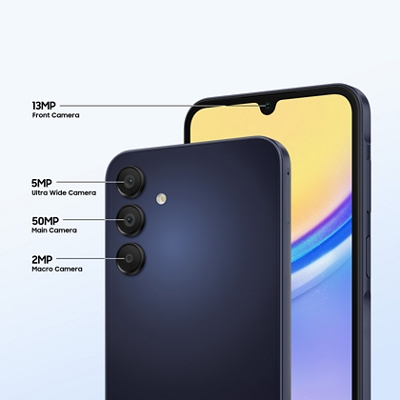 Views of the front and back of the A15 device focusing on the triple camera system. Callouts include: 13MP Selfie Camera, 8MP Ultra Wide Camera, 50MP Wide-angle Camera, and 5MP Macro Camera.