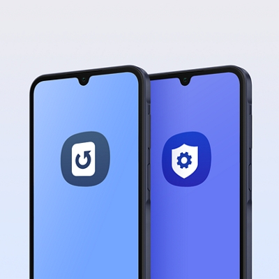 Two Galaxy A15 devices, one displaying an upgrade icon and the other displaying  a shield icon