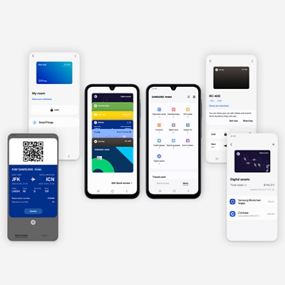 Several views of the Samsung Wallet features on the A15 device