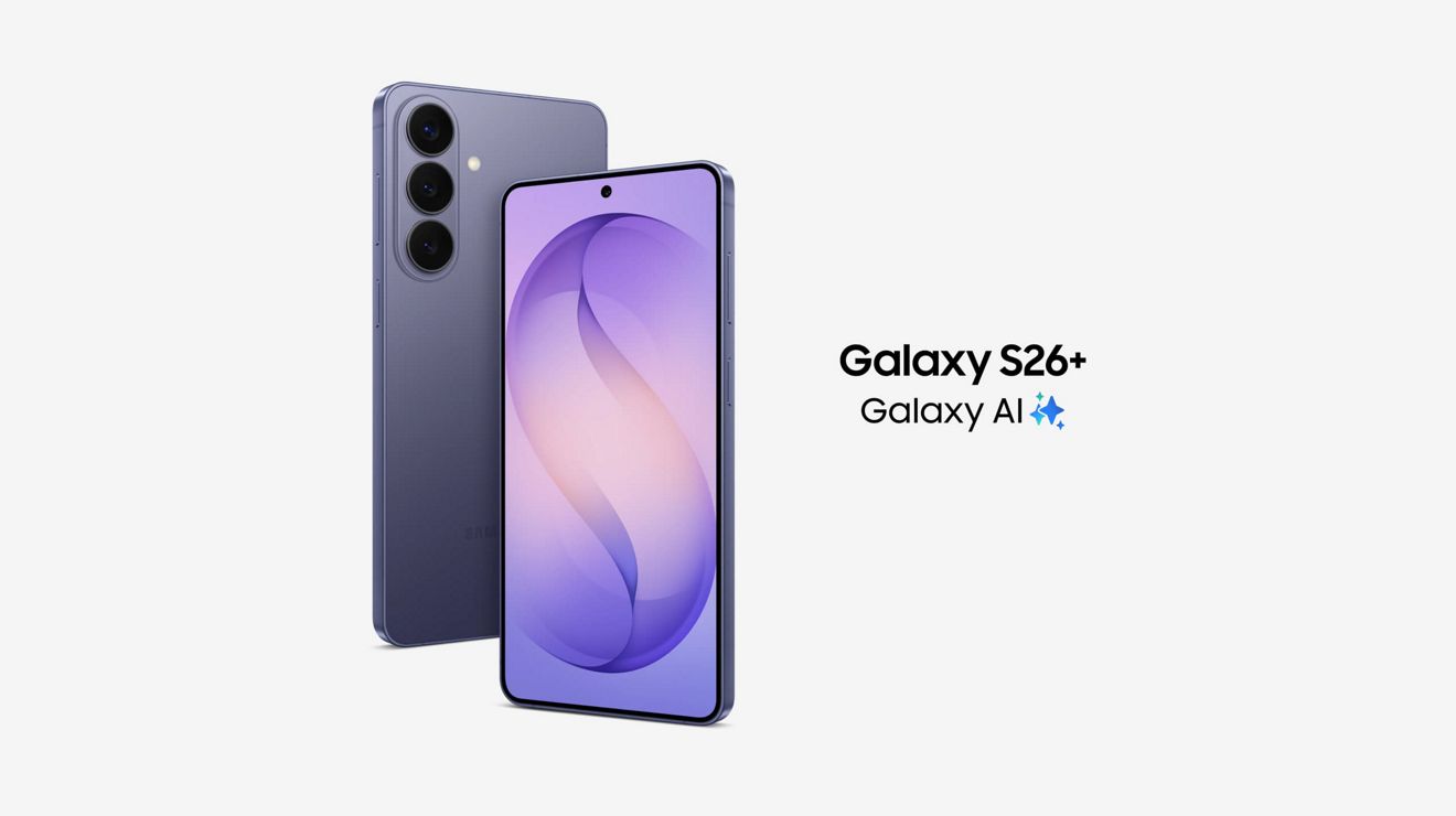 A Samsung Galaxy S26+ with Galaxy AI shown back and front.