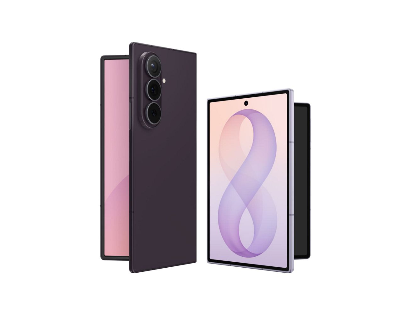 Galaxy Z Fold8 Ultra and Fold8 slightly unfolded, shown front and back.