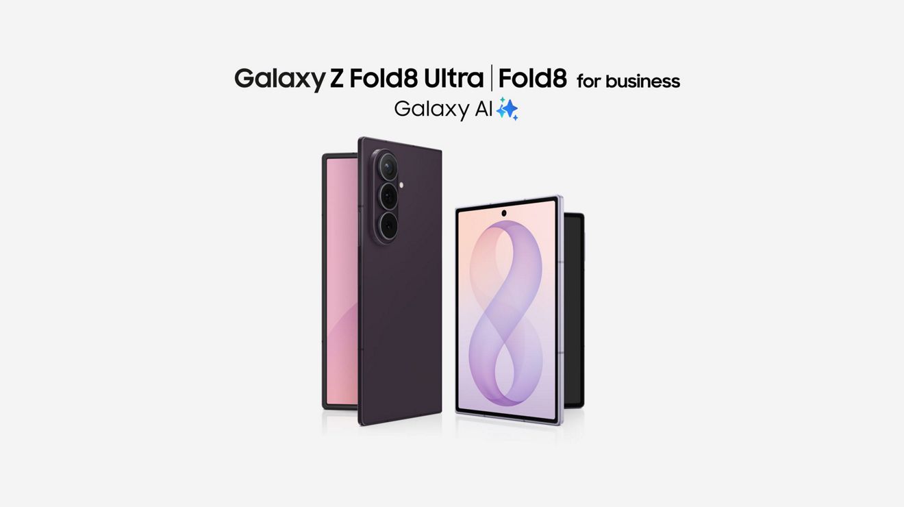 Galaxy Z Fold8 Ultra and Fold8 slightly unfolded, built for business with Galaxy AI.