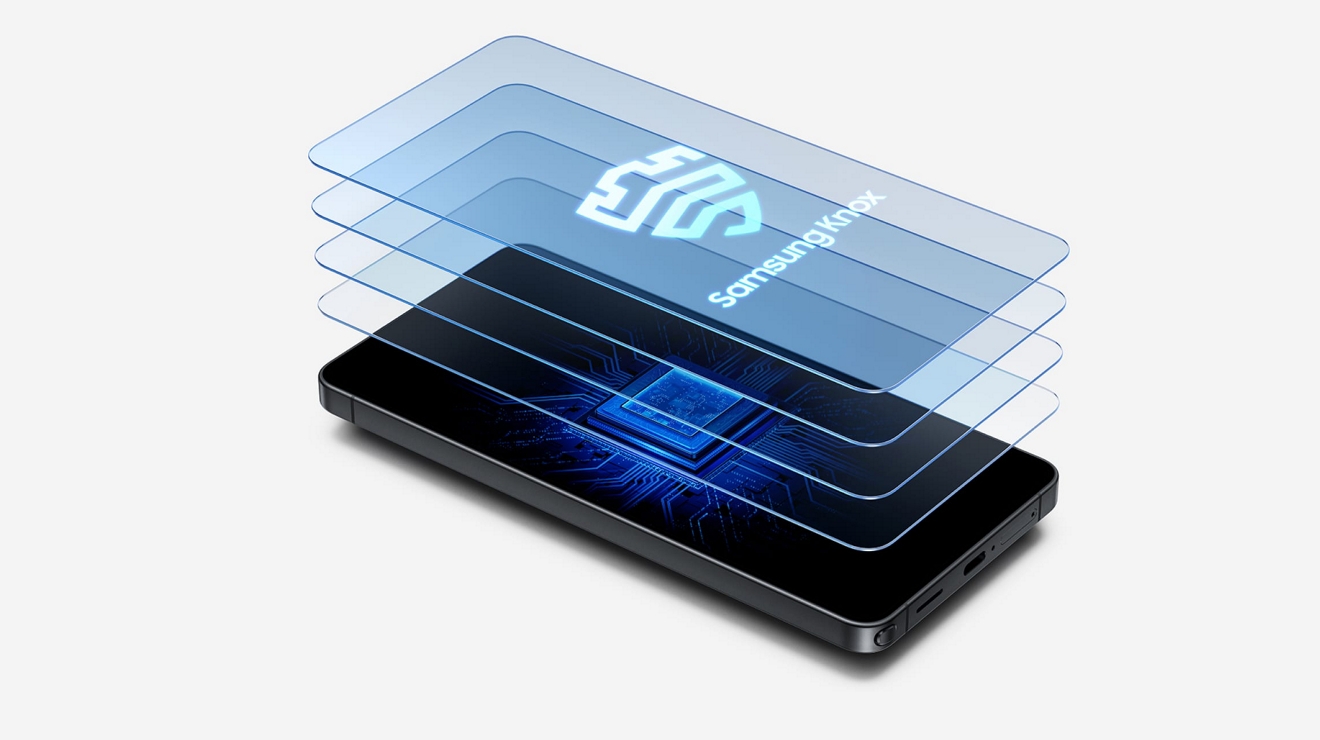 Transparent layers depicting Samsung Knox security hover over a Galaxy mobile device.