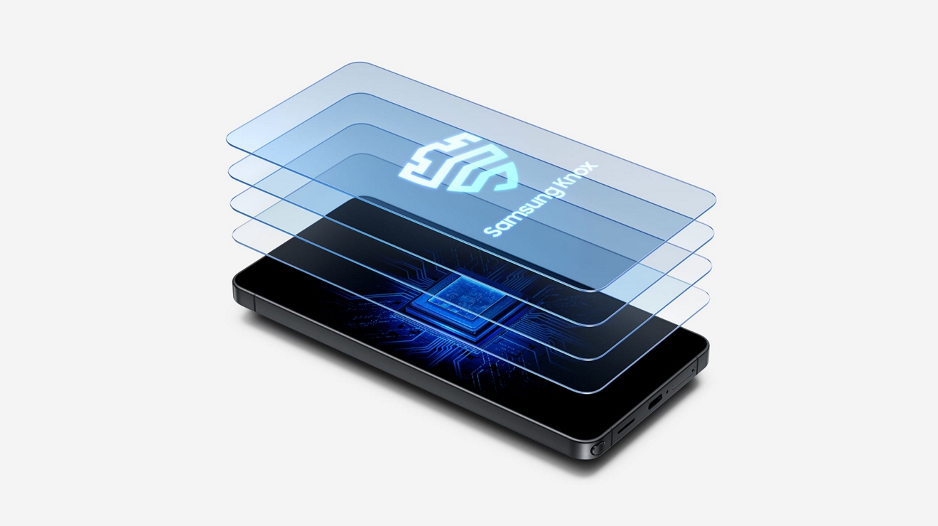 Transparent layers depicting Samsung Knox security hover over a Galaxy mobile device.