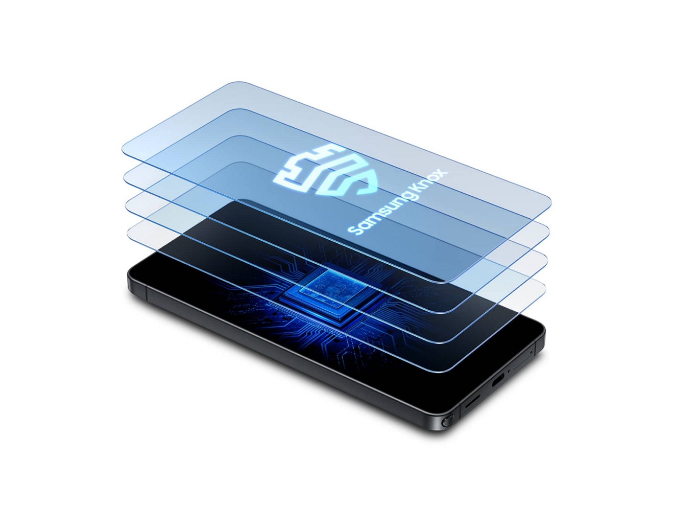 Transparent layers depicting Samsung Knox security hover over a Galaxy mobile device.