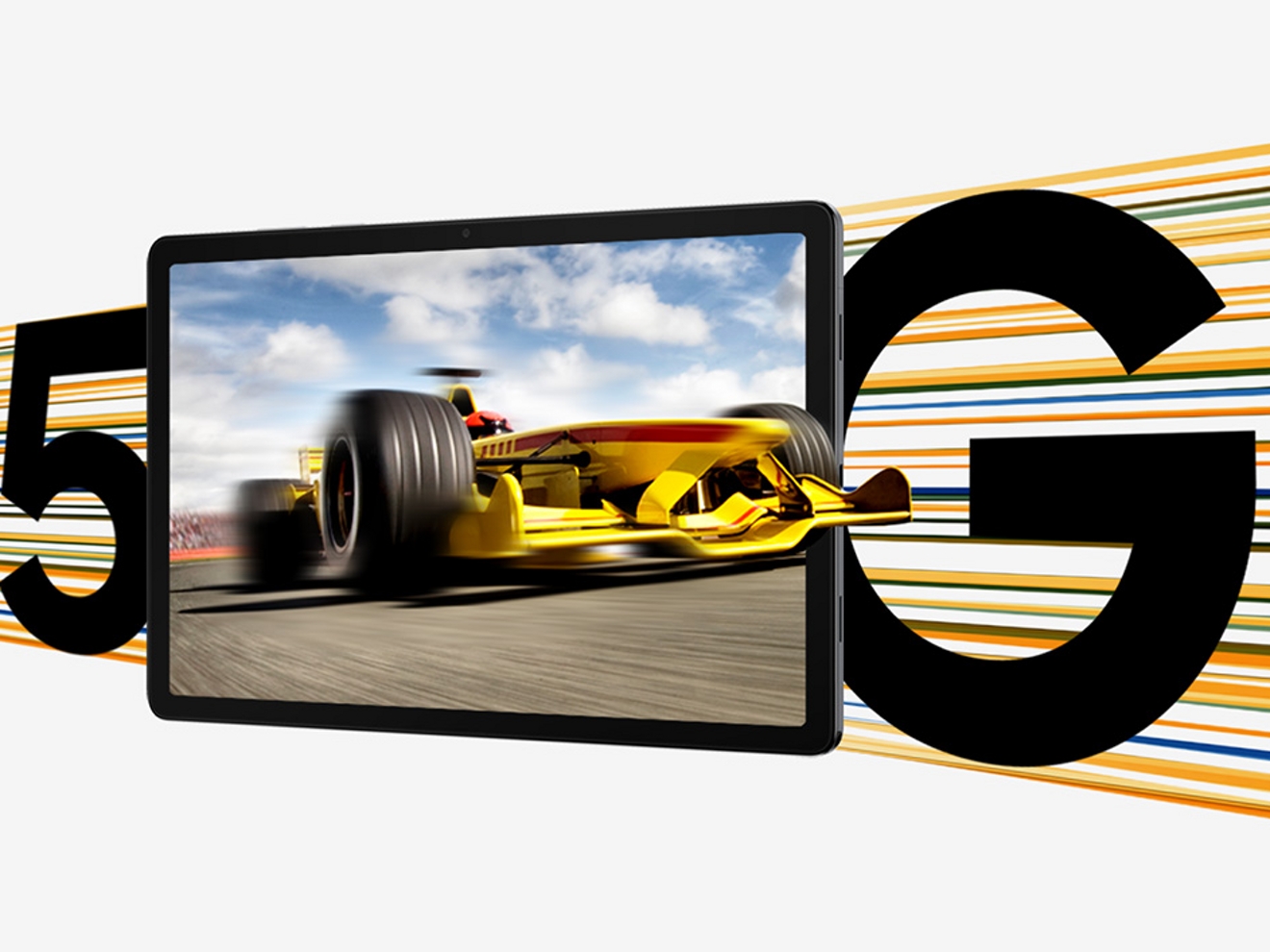 A Galaxy Tab A11+ 5G with a racing car bursting out of the screen, giving off big fast‑and‑fluid vibes.
