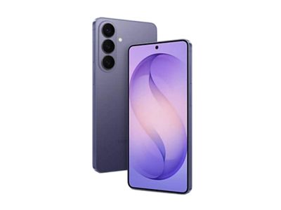 Samsung Galaxy S26+ in Violet, showing front and rear views with a dual camera system and curved S-shaped wallpaper on display.