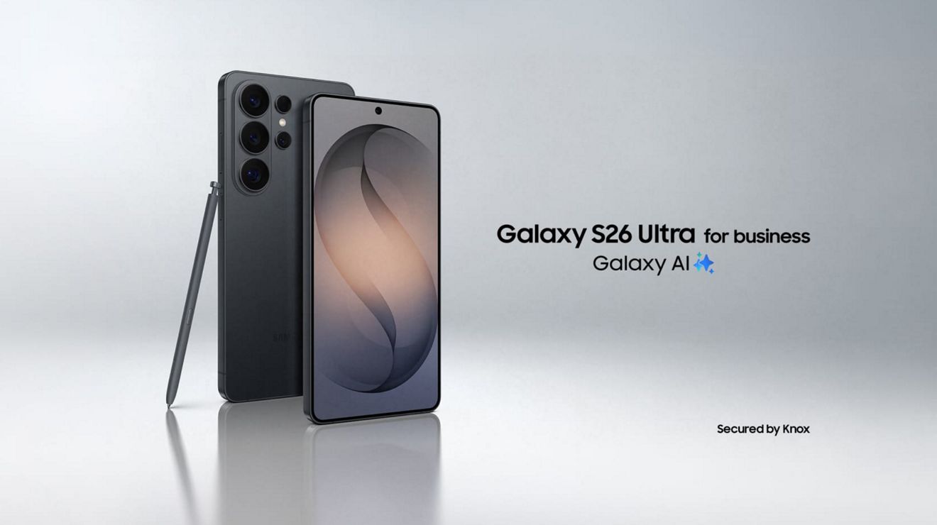 A Samsung Galaxy S26 Ultra for business with Galaxi AI shown back and front, with stylus. Secured by Knox