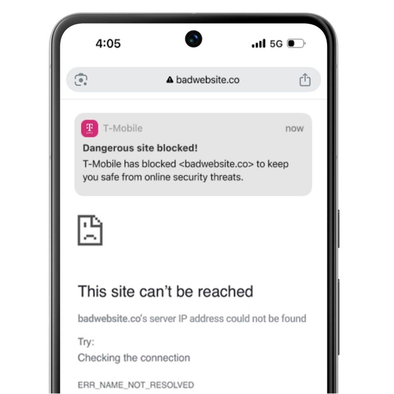 T-Mobile site pop-up reading “Dangerous site blocked!” on a website browser