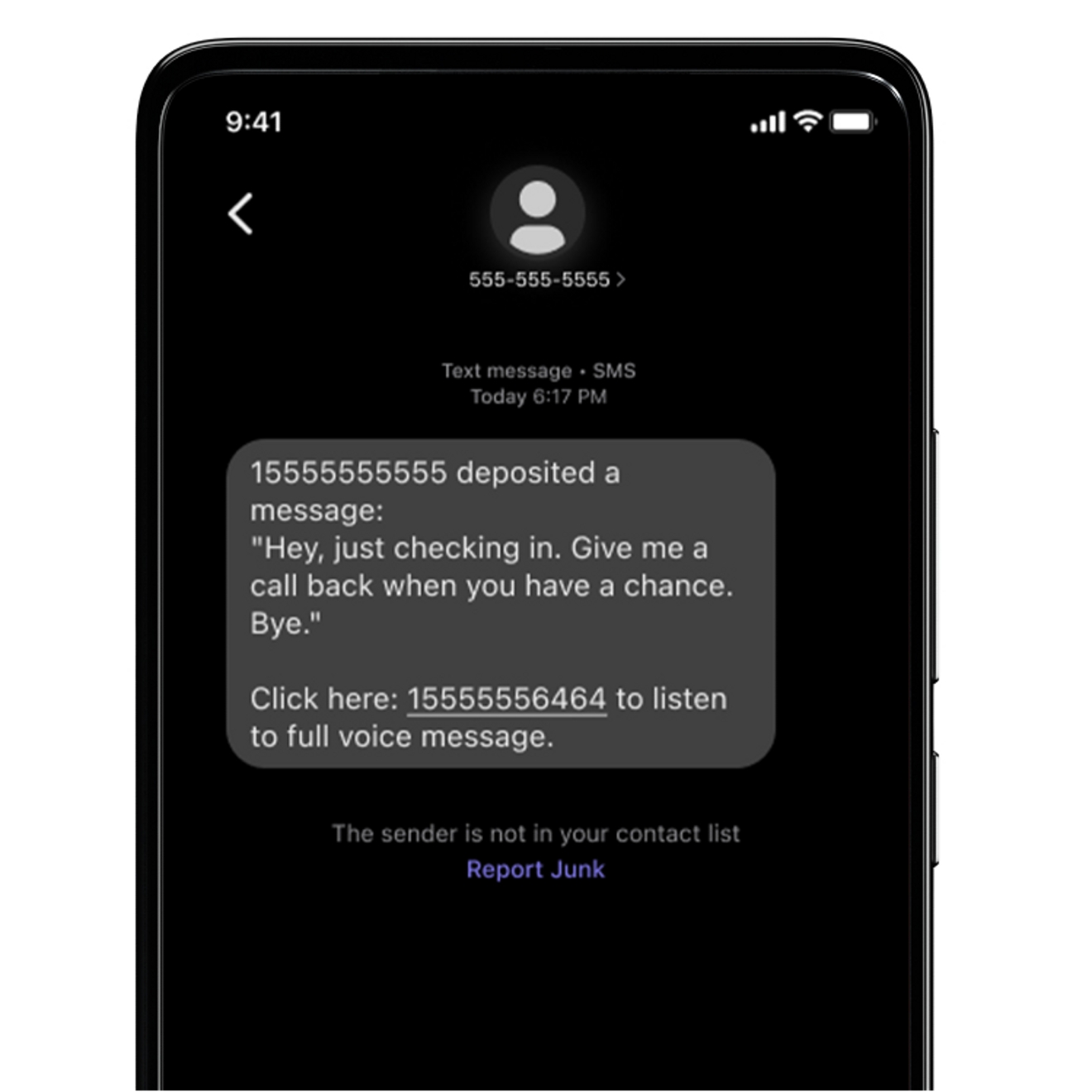 Voicemail transcribed in a text on a phone screen. 