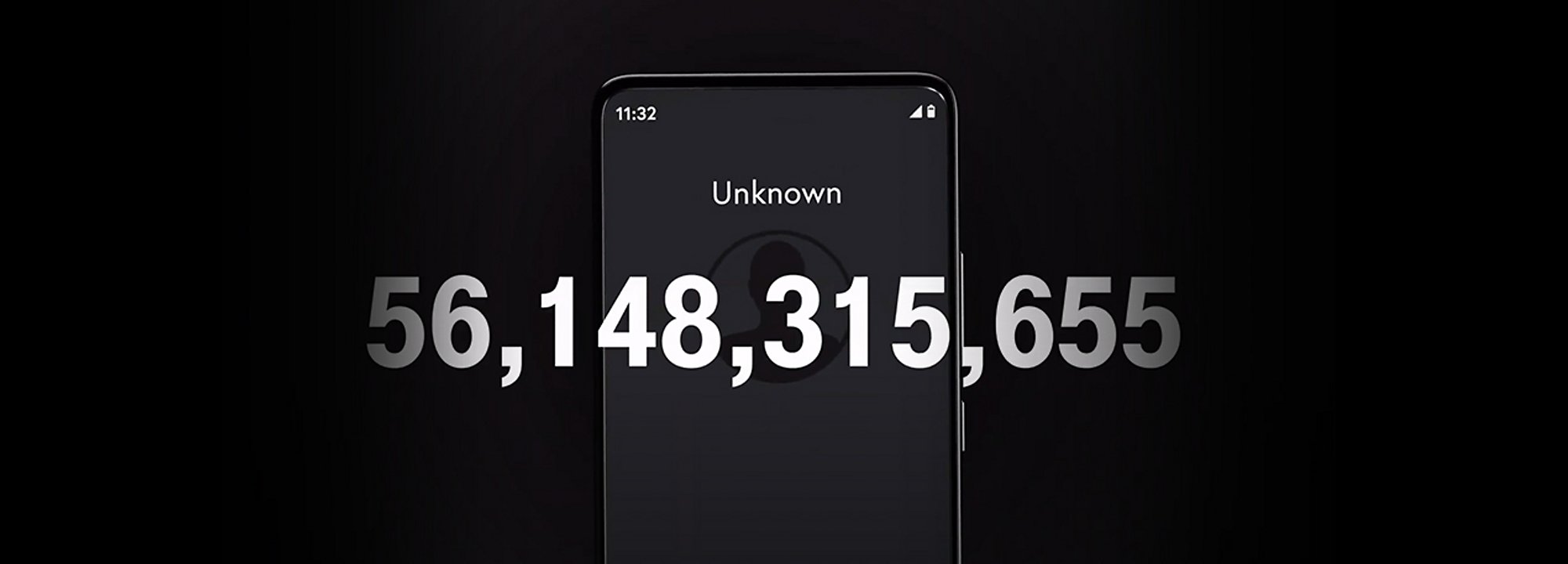 A phone showing a call from an Unknown number, overlayed by the number 56,148,315,655