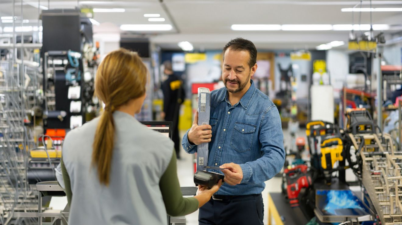 A customer at a hardware store makes a secure credit card transaction on a POS device.