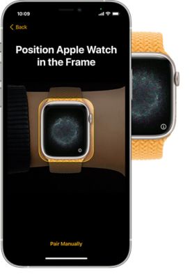 An iPhone with the message "Position Apple Watch in the Frame". The iPhone is in front of an Apple Watch.