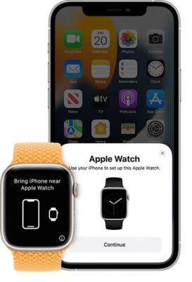 An Apple Watch with the screen displaying the message "Bring iPhone near Apple Watch" in front of an iPhone with the message "Apple Watch. Use your iPhone to set up this Apple Watch. Continue"