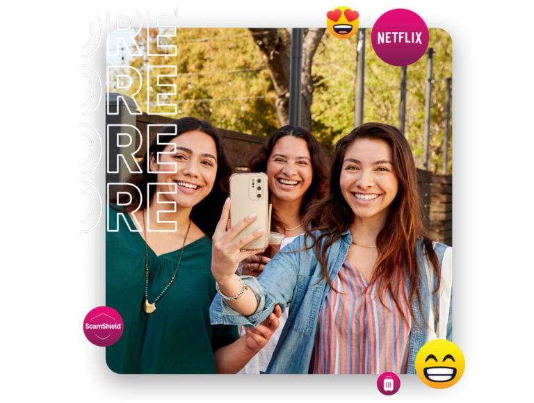 Three women smile for a selfie in a park. Image is surrounded by emojis and the word “more.”
