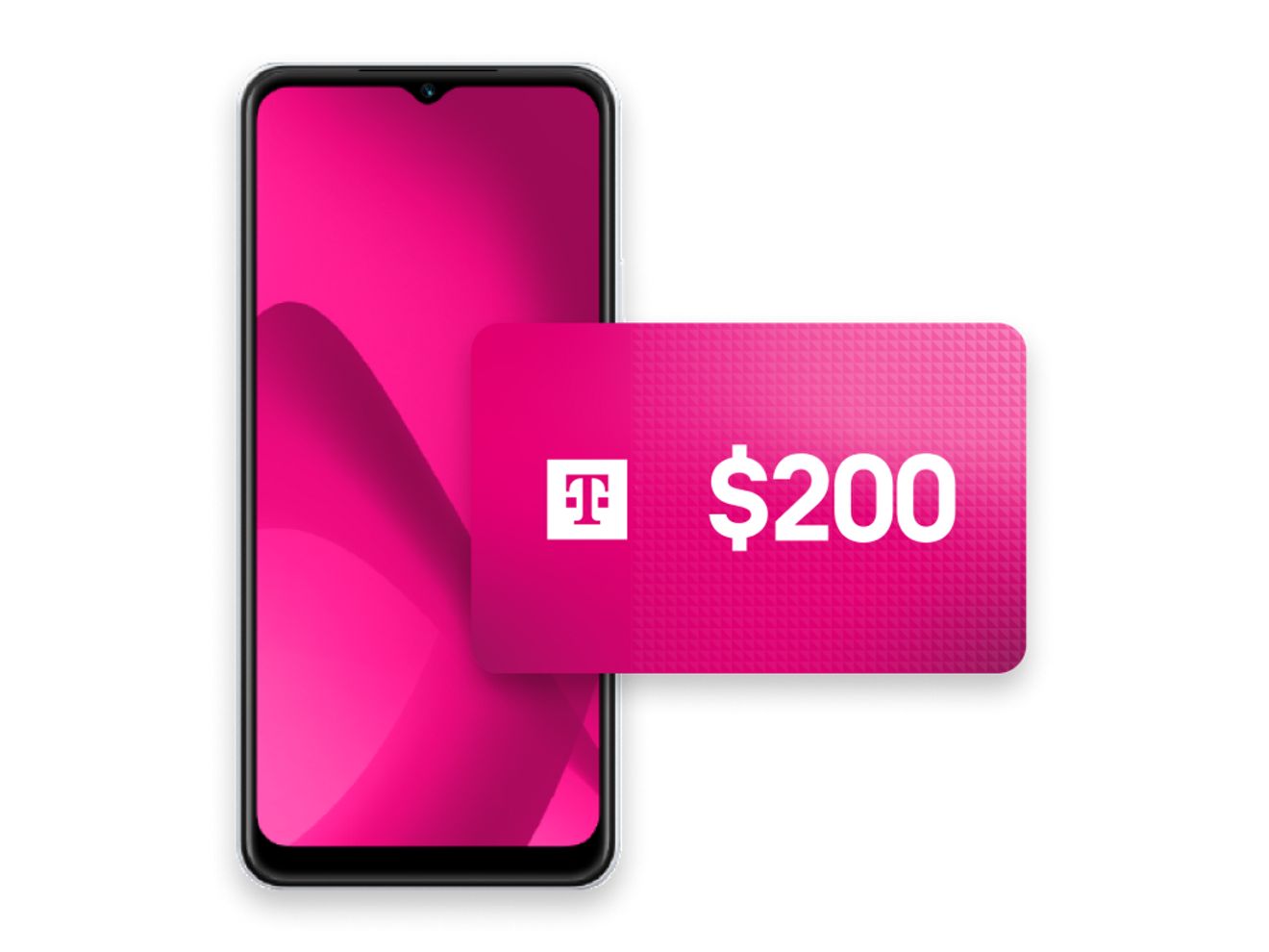 Smartphone display with magenta gradient alongside a $200 card labeled with T-Mobile branding.