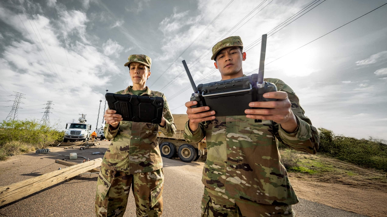 Two federal first responders in fatigue uniforms operate a drone control and a connected tablet.