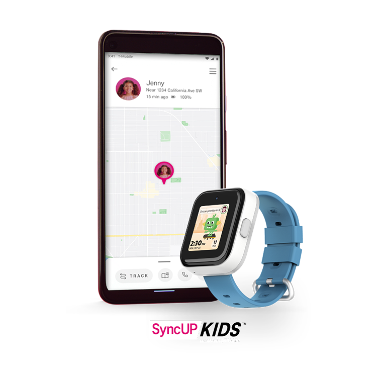 Reloj Sync up kids y smartphone mostrando la app con seguimiento de ubicación por GPS