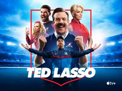Ted Lasso characters in front of a soccer stadium in shades of blue. 