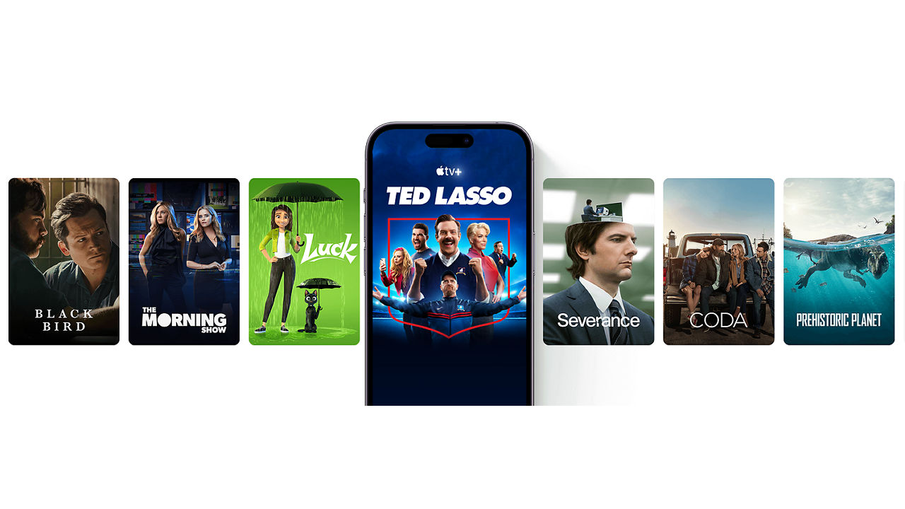 A banner of Apple TV+ shows, with Ted Lasso season 3 featured in the center.