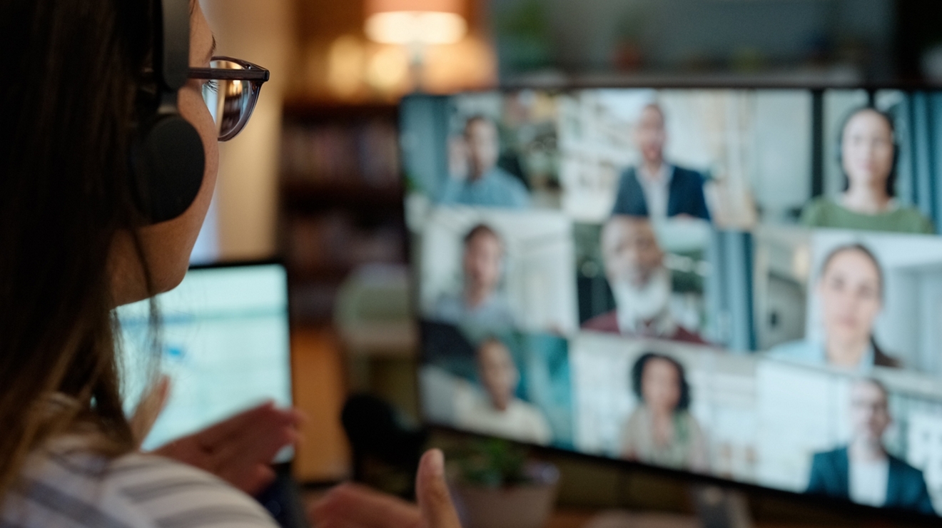 Woman, video call and conference or virtual meeting on screen discussion at home office, collage or webinar. Female person, headphones and group diversity in London or presentation, talk or online