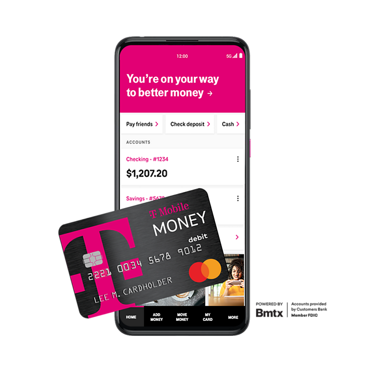 Tarjeta de débito de T-Mobile MONEY delante de un smartphone con la app MONEY en pantalla