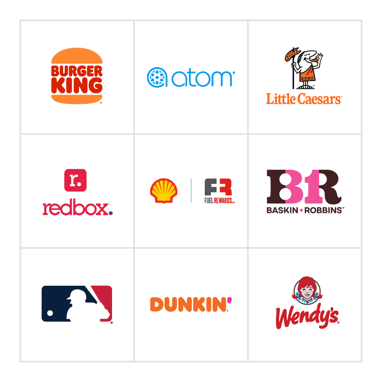 A bunch of business logos including Burger King, Atom Tickets, Little Caesars, Baskin Robins, and more.