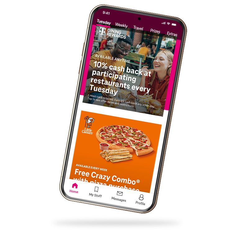 Un smartphone con beneficios en tiendas de comida de la app T-Mobile Tuesdays.