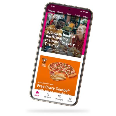 A smartphone displaying dining perks within the T-Mobile Tuesdays app.