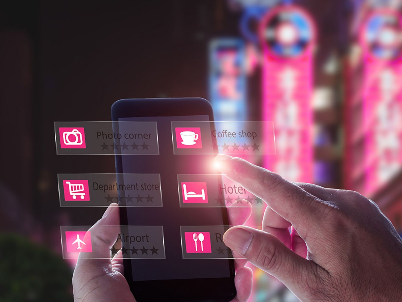 A phone screen shows a 3D display of app functions. 